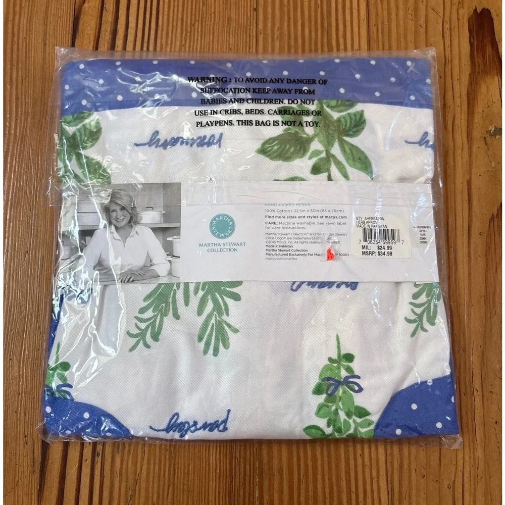 Martha Stewart Herb Apron Women Blue White Botanical Polka Dot NWT SIZE OS